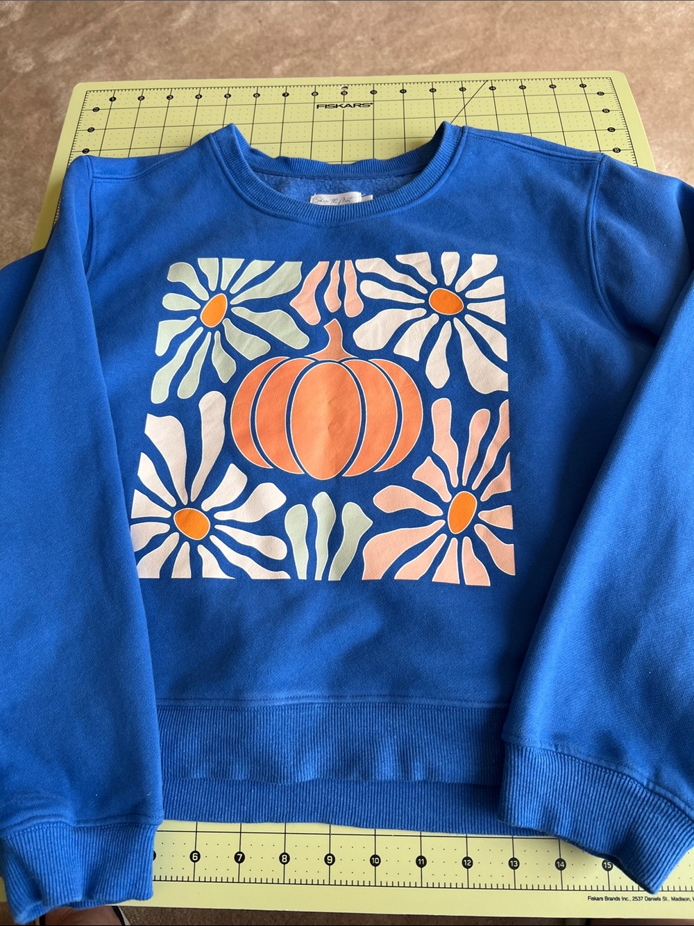 Girls' Blue Sweatshirt with Orange Pumpkin & Floral Graphic